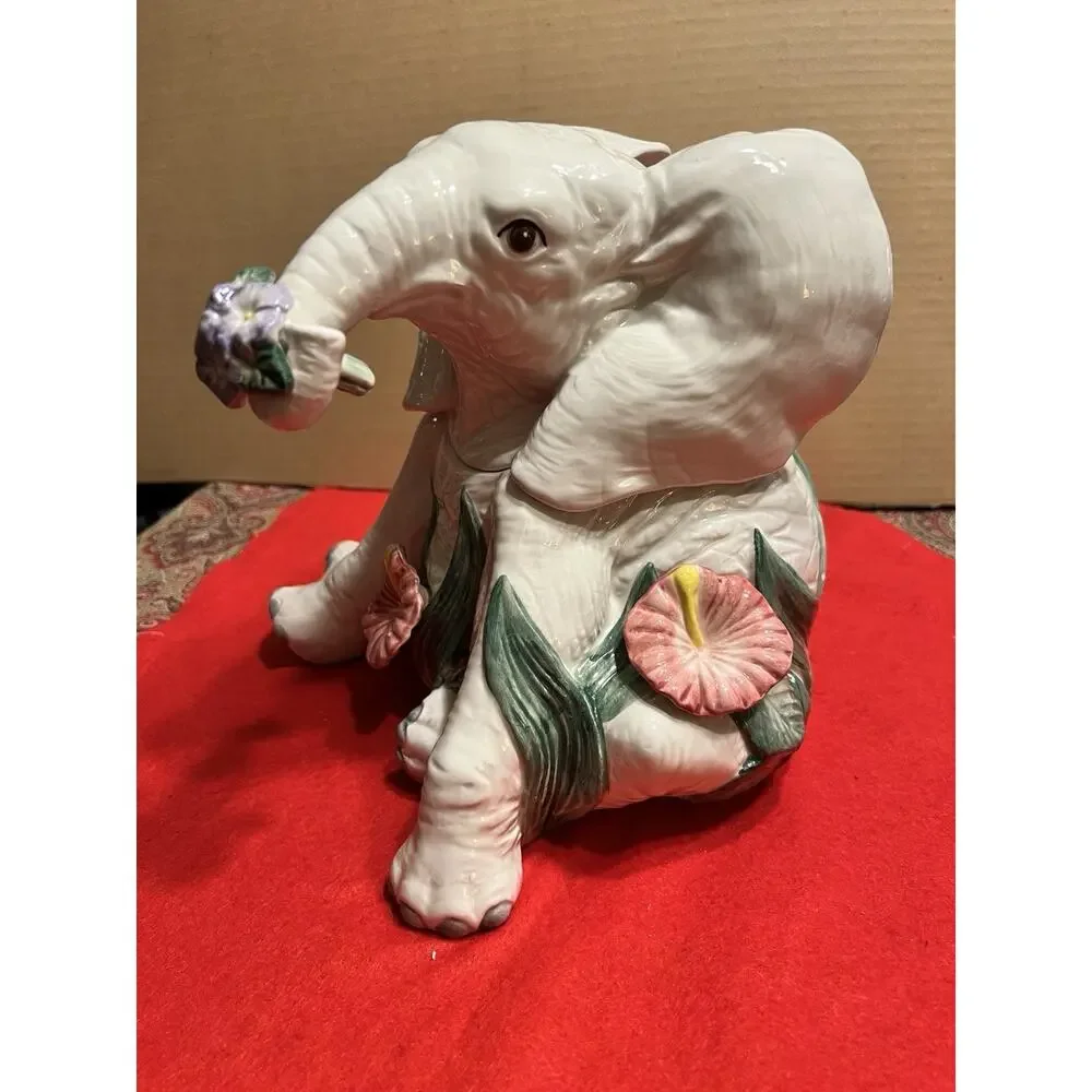 VINTAGE 1991 FITZ & FLOYD JUNGLE RAINFOREST COLLECTION WHITE ELEPHANT COOKIE JAR